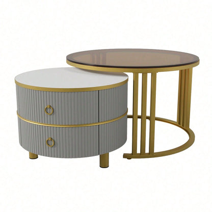 2-in-1 runder MDF-Couchtisch, Beistelltisch mit 1 Hochglanz-Tischplatte und 1 brauner Tischplatte aus gehärtetem Glas, Wohnzimmer-Couchtischkombination mit 2 Schubladen, 70*70*45 + 50*50*40 cm