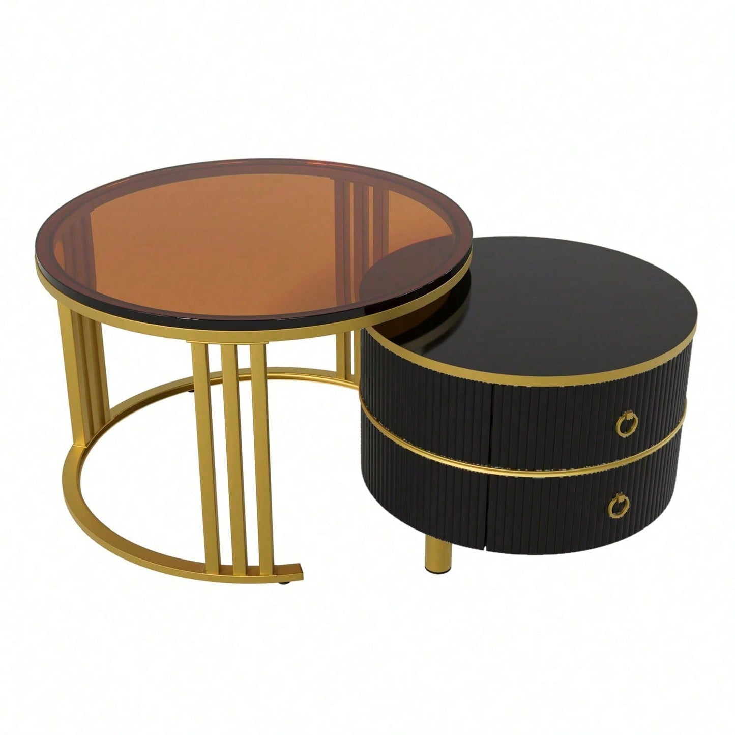 2-in-1 runder MDF-Couchtisch, Beistelltisch mit 1 Hochglanz-Tischplatte und 1 brauner Tischplatte aus gehärtetem Glas, Wohnzimmer-Couchtischkombination mit 2 Schubladen, 70*70*45 + 50*50*40 cm