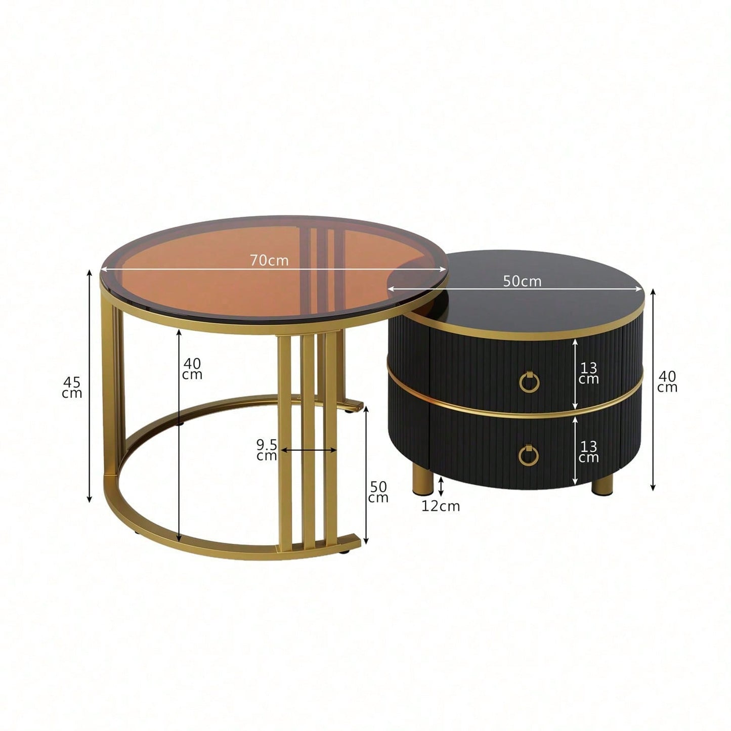 2-in-1 runder MDF-Couchtisch, Beistelltisch mit 1 Hochglanz-Tischplatte und 1 brauner Tischplatte aus gehärtetem Glas, Wohnzimmer-Couchtischkombination mit 2 Schubladen, 70*70*45 + 50*50*40 cm