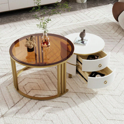 2-in-1 runder MDF-Couchtisch, Beistelltisch mit 1 Hochglanz-Tischplatte und 1 brauner Tischplatte aus gehärtetem Glas, Wohnzimmer-Couchtischkombination mit 2 Schubladen, 70*70*45 + 50*50*40 cm