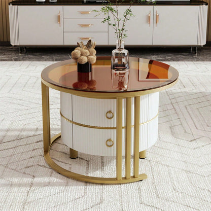 2-in-1 runder MDF-Couchtisch, Beistelltisch mit 1 Hochglanz-Tischplatte und 1 brauner Tischplatte aus gehärtetem Glas, Wohnzimmer-Couchtischkombination mit 2 Schubladen, 70*70*45 + 50*50*40 cm