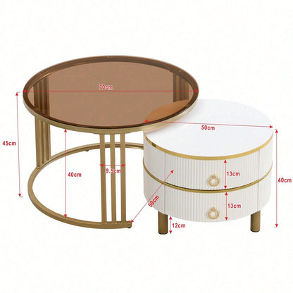 2-in-1 runder MDF-Couchtisch, Beistelltisch mit 1 Hochglanz-Tischplatte und 1 brauner Tischplatte aus gehärtetem Glas, Wohnzimmer-Couchtischkombination mit 2 Schubladen, 70*70*45 + 50*50*40 cm
