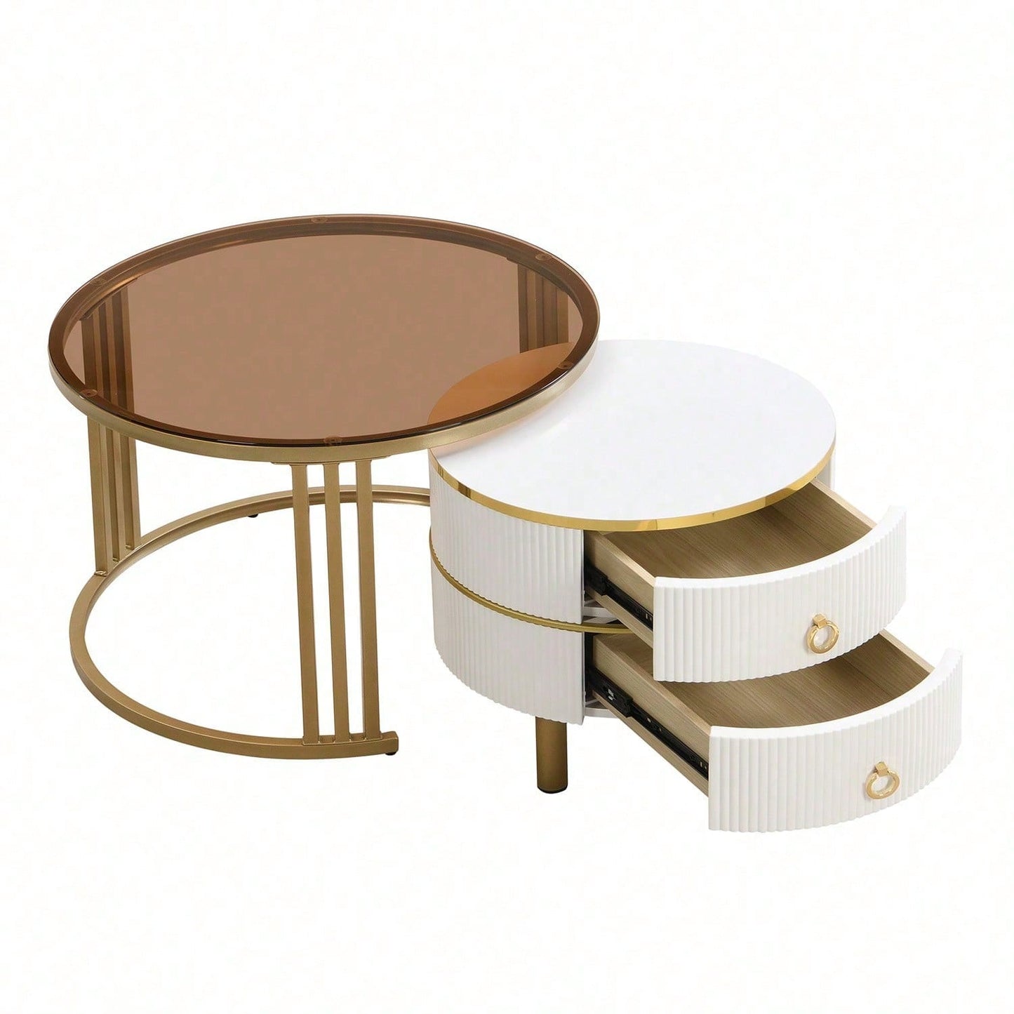 2-in-1 runder MDF-Couchtisch, Beistelltisch mit 1 Hochglanz-Tischplatte und 1 brauner Tischplatte aus gehärtetem Glas, Wohnzimmer-Couchtischkombination mit 2 Schubladen, 70*70*45 + 50*50*40 cm