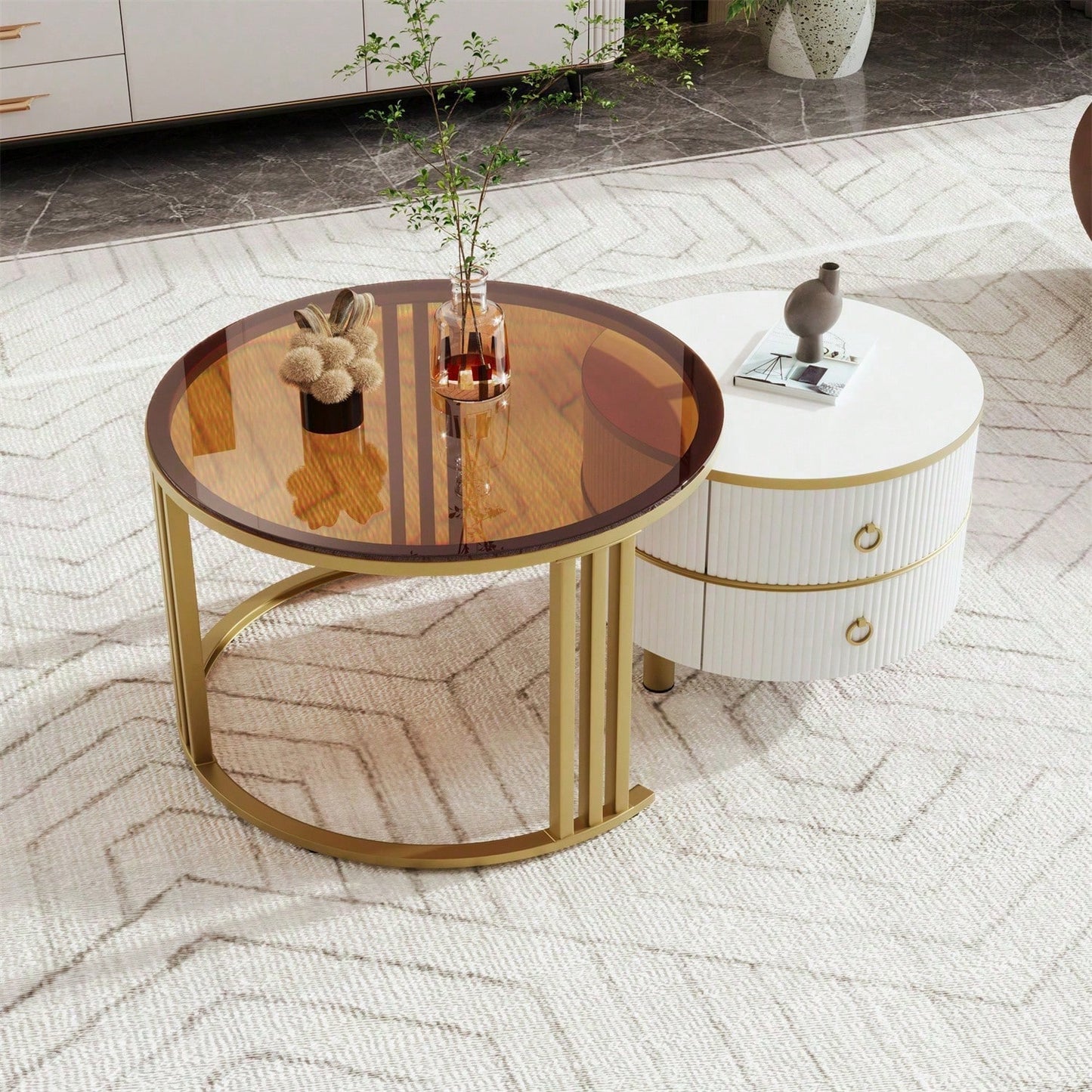 2-in-1 runder MDF-Couchtisch, Beistelltisch mit 1 Hochglanz-Tischplatte und 1 brauner Tischplatte aus gehärtetem Glas, Wohnzimmer-Couchtischkombination mit 2 Schubladen, 70*70*45 + 50*50*40 cm