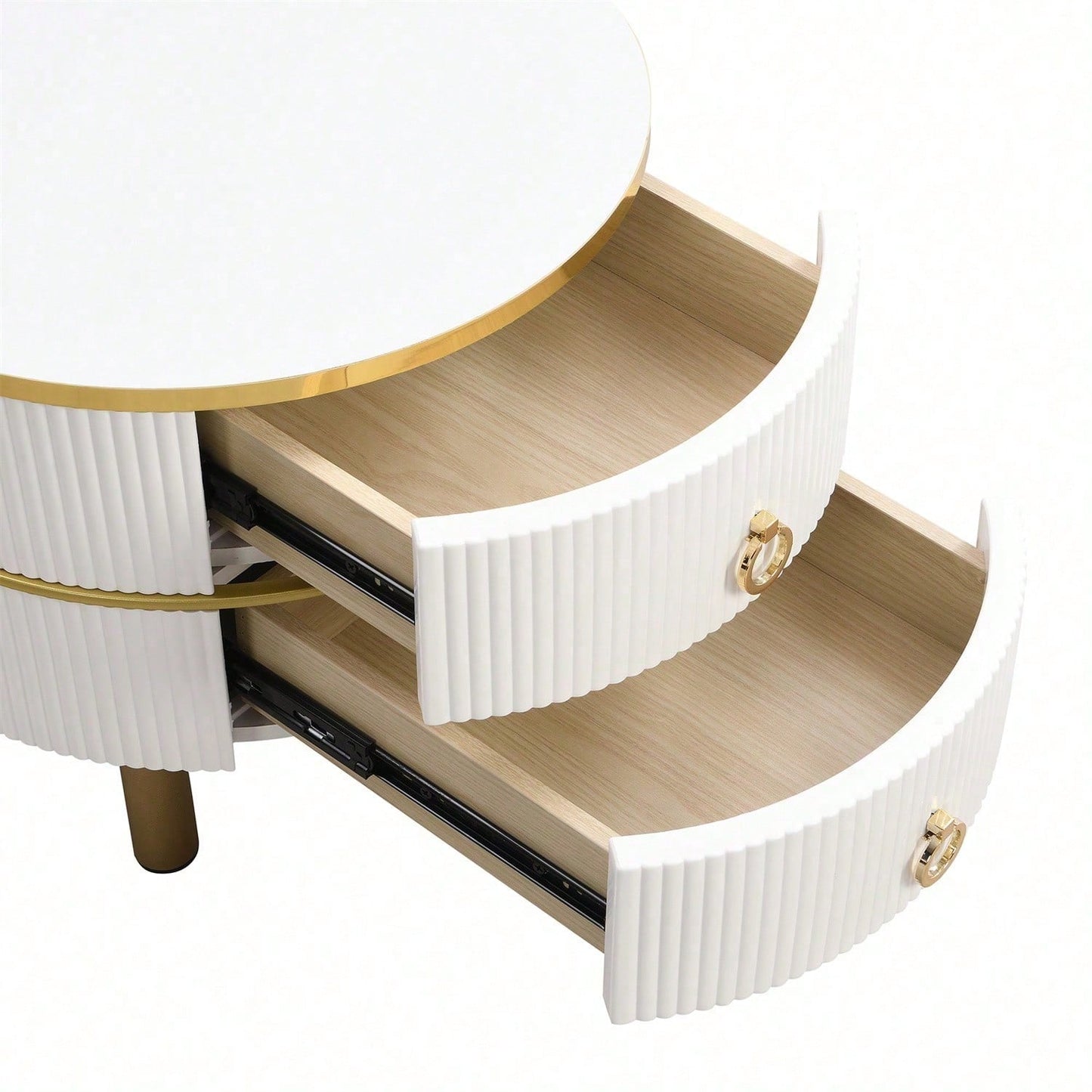 2-in-1 runder MDF-Couchtisch, Beistelltisch mit 1 Hochglanz-Tischplatte und 1 brauner Tischplatte aus gehärtetem Glas, Wohnzimmer-Couchtischkombination mit 2 Schubladen, 70*70*45 + 50*50*40 cm