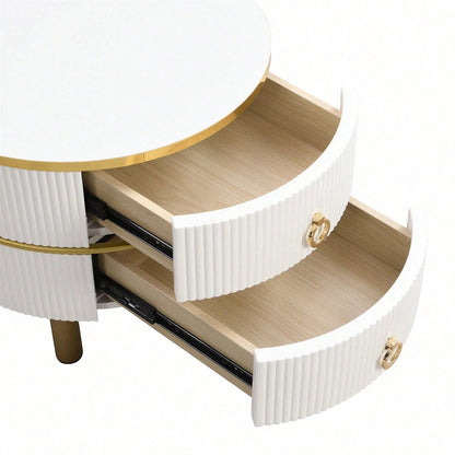 2-in-1 runder MDF-Couchtisch, Beistelltisch mit 1 Hochglanz-Tischplatte und 1 brauner Tischplatte aus gehärtetem Glas, Wohnzimmer-Couchtischkombination mit 2 Schubladen, 70*70*45 + 50*50*40 cm