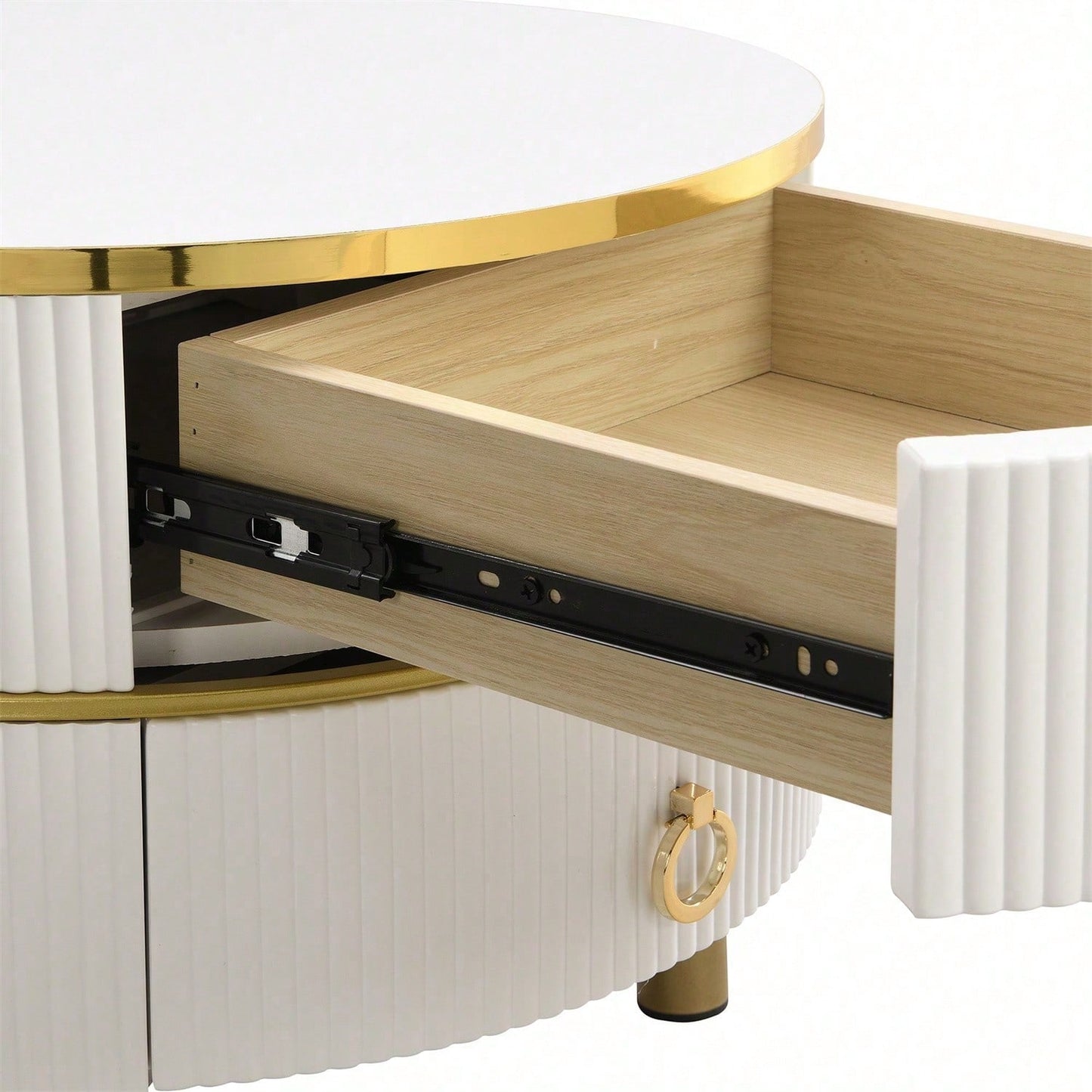 2-in-1 runder MDF-Couchtisch, Beistelltisch mit 1 Hochglanz-Tischplatte und 1 brauner Tischplatte aus gehärtetem Glas, Wohnzimmer-Couchtischkombination mit 2 Schubladen, 70*70*45 + 50*50*40 cm