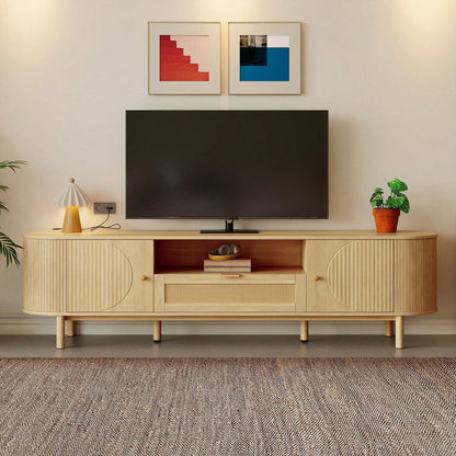 Moderner TV-Schrank mit Rattan-Schubladen & offenen Fächern – Abgerundete Tischplatte auf Metallbeinen (Holzoptik) – Multifunktionales Wohnzimmermöbel