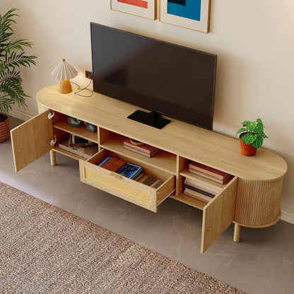 Moderner TV-Schrank mit Rattan-Schubladen & offenen Fächern – Abgerundete Tischplatte auf Metallbeinen (Holzoptik) – Multifunktionales Wohnzimmermöbel