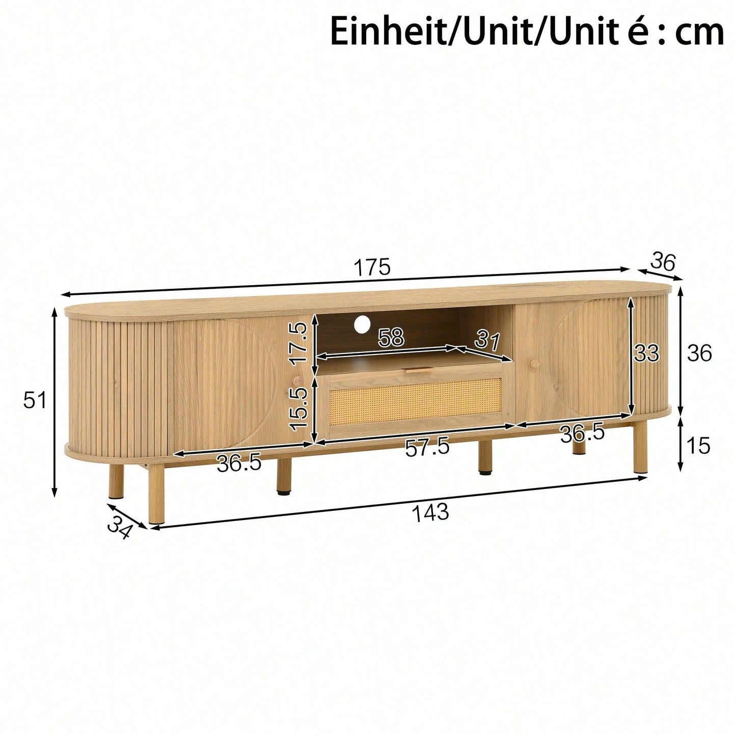 Moderner TV-Schrank mit Rattan-Schubladen & offenen Fächern – Abgerundete Tischplatte auf Metallbeinen (Holzoptik) – Multifunktionales Wohnzimmermöbel
