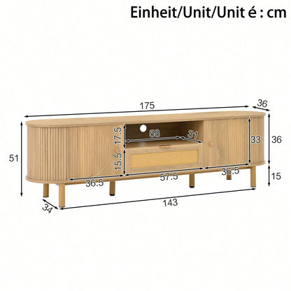 Moderner TV-Schrank mit Rattan-Schubladen & offenen Fächern – Abgerundete Tischplatte auf Metallbeinen (Holzoptik) – Multifunktionales Wohnzimmermöbel