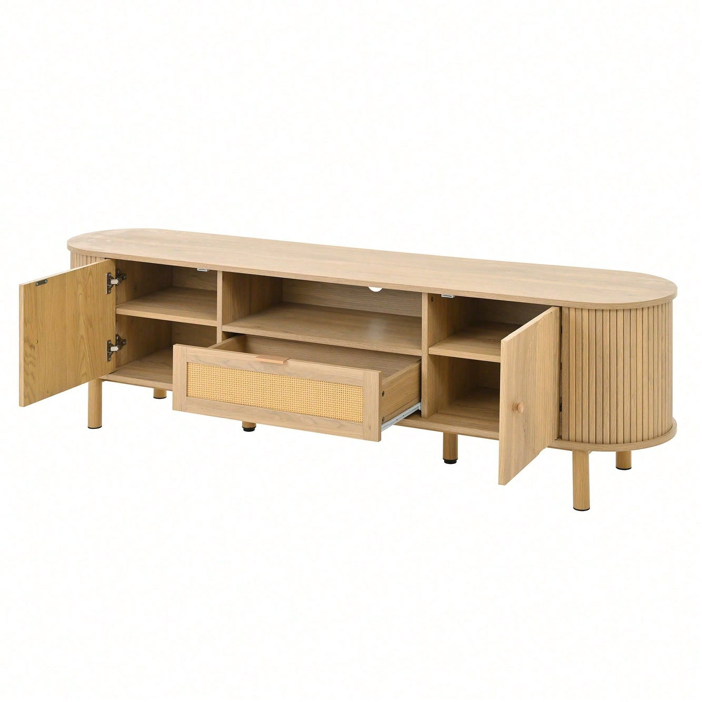 Moderner TV-Schrank mit Rattan-Schubladen & offenen Fächern – Abgerundete Tischplatte auf Metallbeinen (Holzoptik) – Multifunktionales Wohnzimmermöbel
