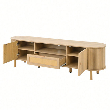 Moderner TV-Schrank mit Rattan-Schubladen & offenen Fächern – Abgerundete Tischplatte auf Metallbeinen (Holzoptik) – Multifunktionales Wohnzimmermöbel