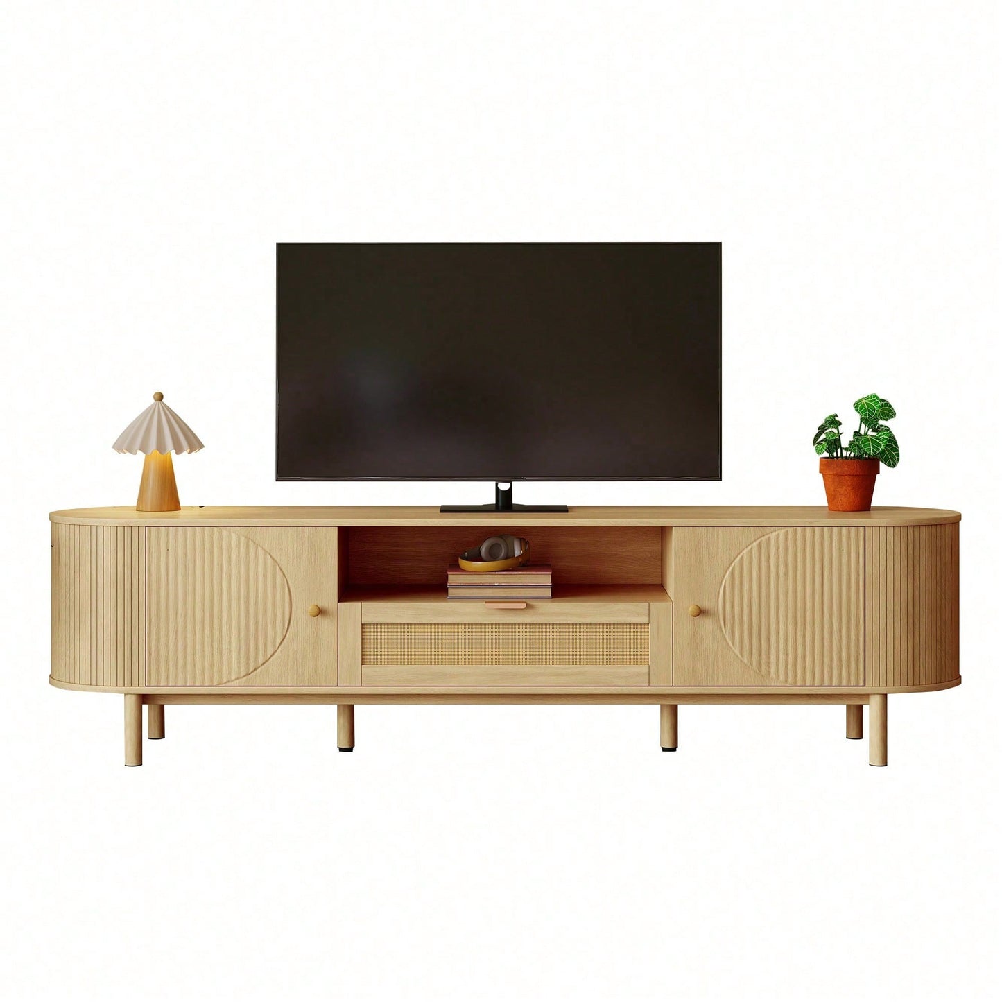 Moderner TV-Schrank mit Rattan-Schubladen & offenen Fächern – Abgerundete Tischplatte auf Metallbeinen (Holzoptik) – Multifunktionales Wohnzimmermöbel