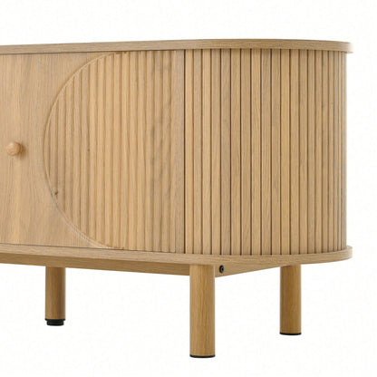 Moderner TV-Schrank mit Rattan-Schubladen & offenen Fächern – Abgerundete Tischplatte auf Metallbeinen (Holzoptik) – Multifunktionales Wohnzimmermöbel
