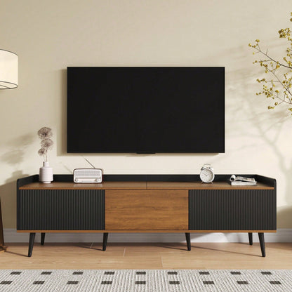 TV-Schrank 160*39*49,5 cm - Dreitüriger Unterschrank in Schwarz/Holzoptik - Kompaktes TV-Möbel mit natürlichem Finish - Stilvolles Lowboard für Wohnzimmer