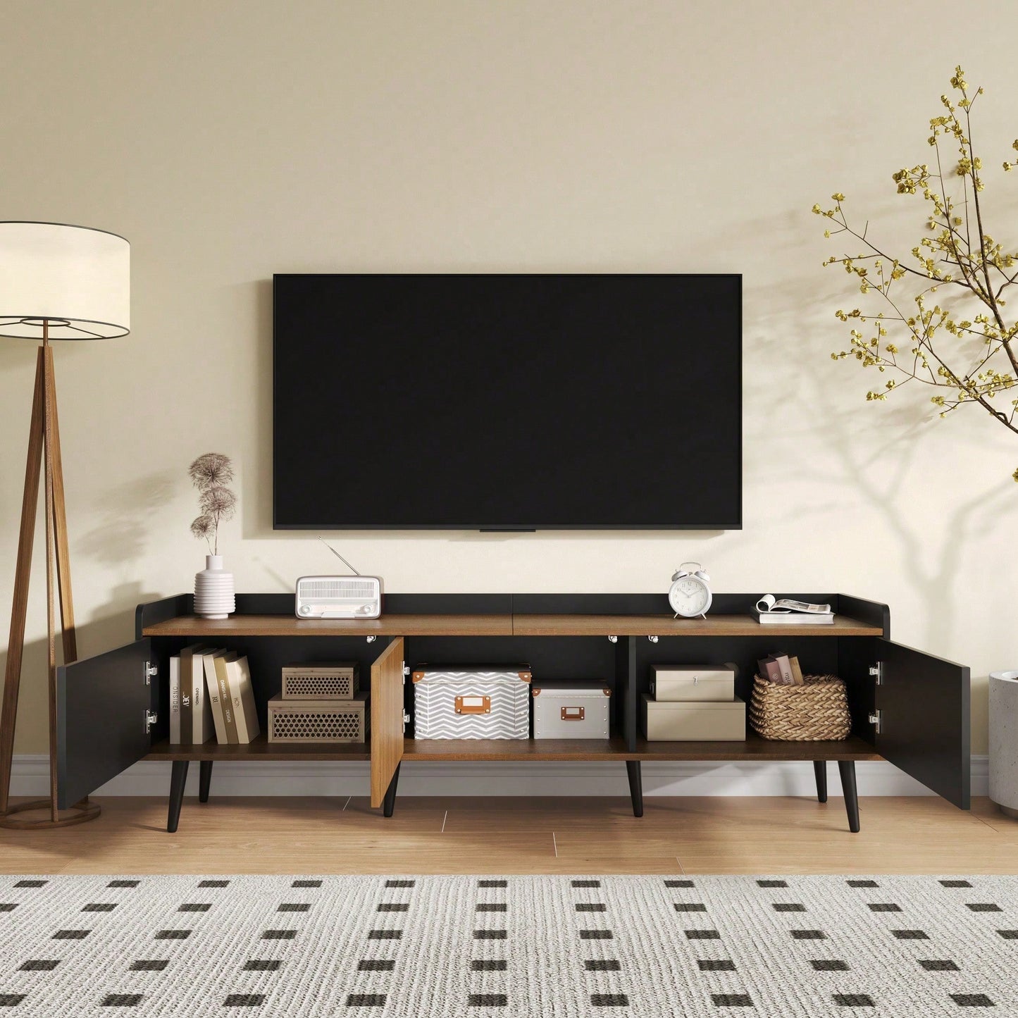 TV-Schrank 160*39*49,5 cm - Dreitüriger Unterschrank in Schwarz/Holzoptik - Kompaktes TV-Möbel mit natürlichem Finish - Stilvolles Lowboard für Wohnzimmer