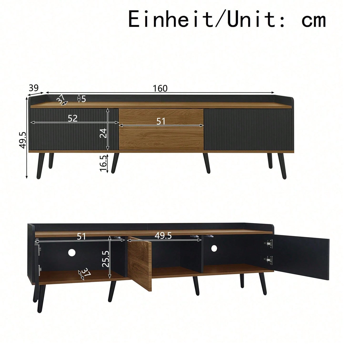 TV-Schrank 160*39*49,5 cm - Dreitüriger Unterschrank in Schwarz/Holzoptik - Kompaktes TV-Möbel mit natürlichem Finish - Stilvolles Lowboard für Wohnzimmer