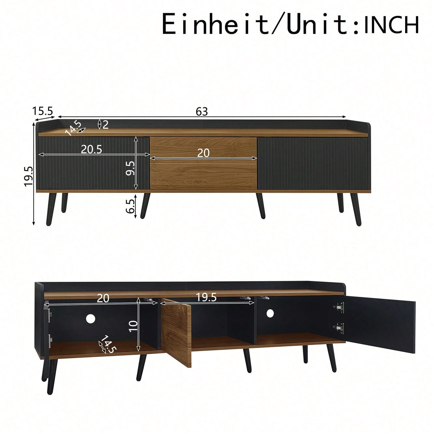 TV-Schrank 160*39*49,5 cm - Dreitüriger Unterschrank in Schwarz/Holzoptik - Kompaktes TV-Möbel mit natürlichem Finish - Stilvolles Lowboard für Wohnzimmer