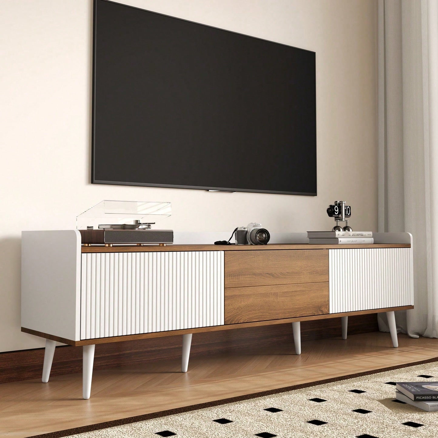 TV-Schrank 160*39*49,5 cm - Dreitüriger Unterschrank in Schwarz/Holzoptik - Kompaktes TV-Möbel mit natürlichem Finish - Stilvolles Lowboard für Wohnzimmer