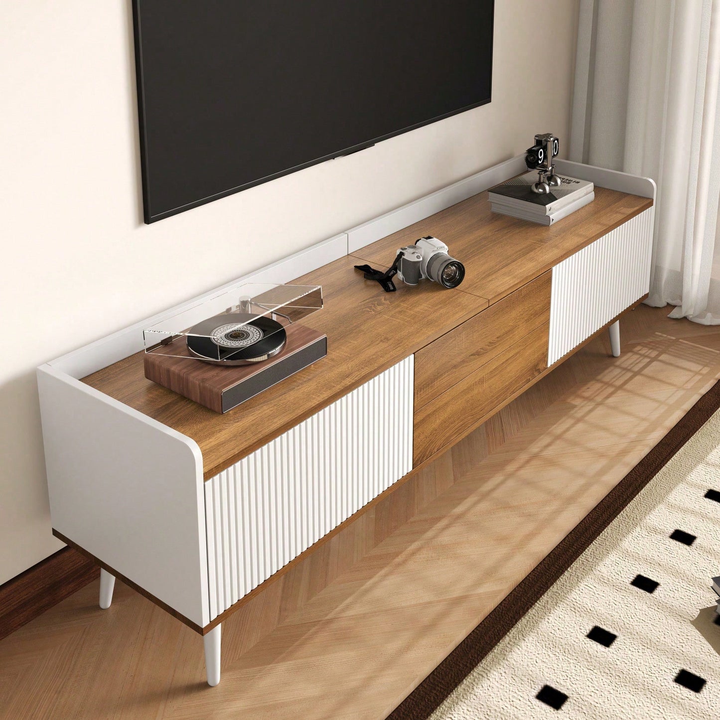 TV-Schrank 160*39*49,5 cm - Dreitüriger Unterschrank in Schwarz/Holzoptik - Kompaktes TV-Möbel mit natürlichem Finish - Stilvolles Lowboard für Wohnzimmer