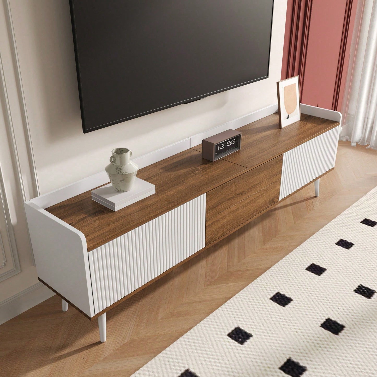 TV-Schrank 160*39*49,5 cm - Dreitüriger Unterschrank in Schwarz/Holzoptik - Kompaktes TV-Möbel mit natürlichem Finish - Stilvolles Lowboard für Wohnzimmer