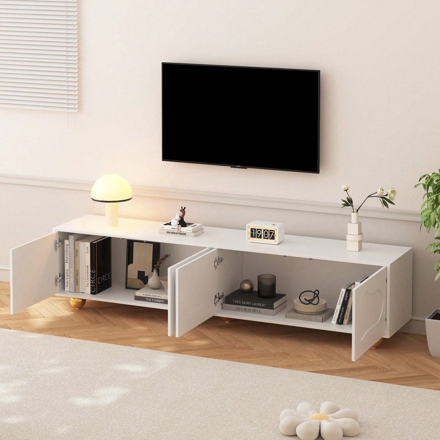 Cartoon-Fernsehschrank 180*40*45 cm in Wolkenform - Niedliches Lowboard mit 2 Schränken & 5 Beinen - TV-Entertainment-Center für bis zu 75-Zoll (60 kg Tragkraft)