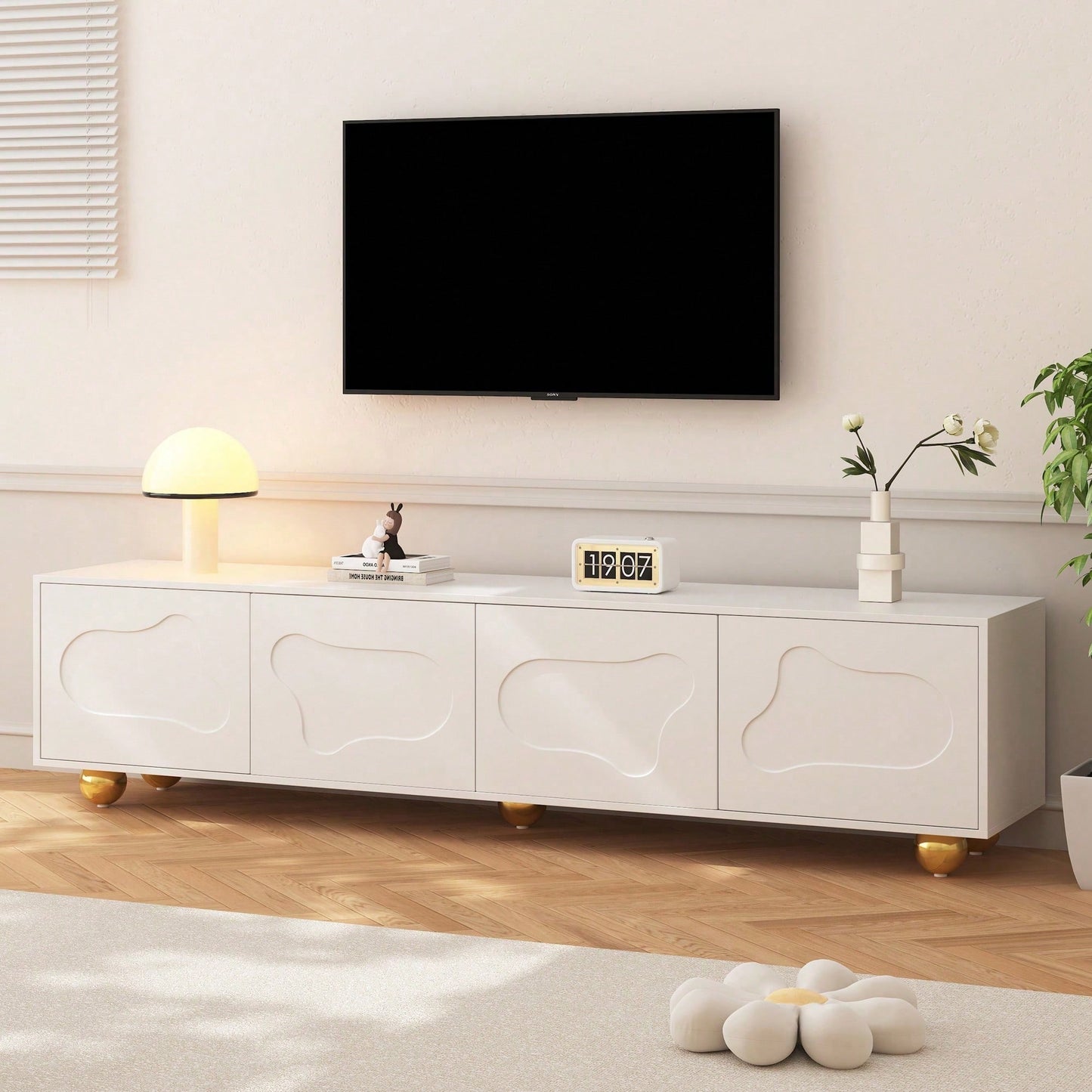 Cartoon-Fernsehschrank 180*40*45 cm in Wolkenform - Niedliches Lowboard mit 2 Schränken & 5 Beinen - TV-Entertainment-Center für bis zu 75-Zoll (60 kg Tragkraft)