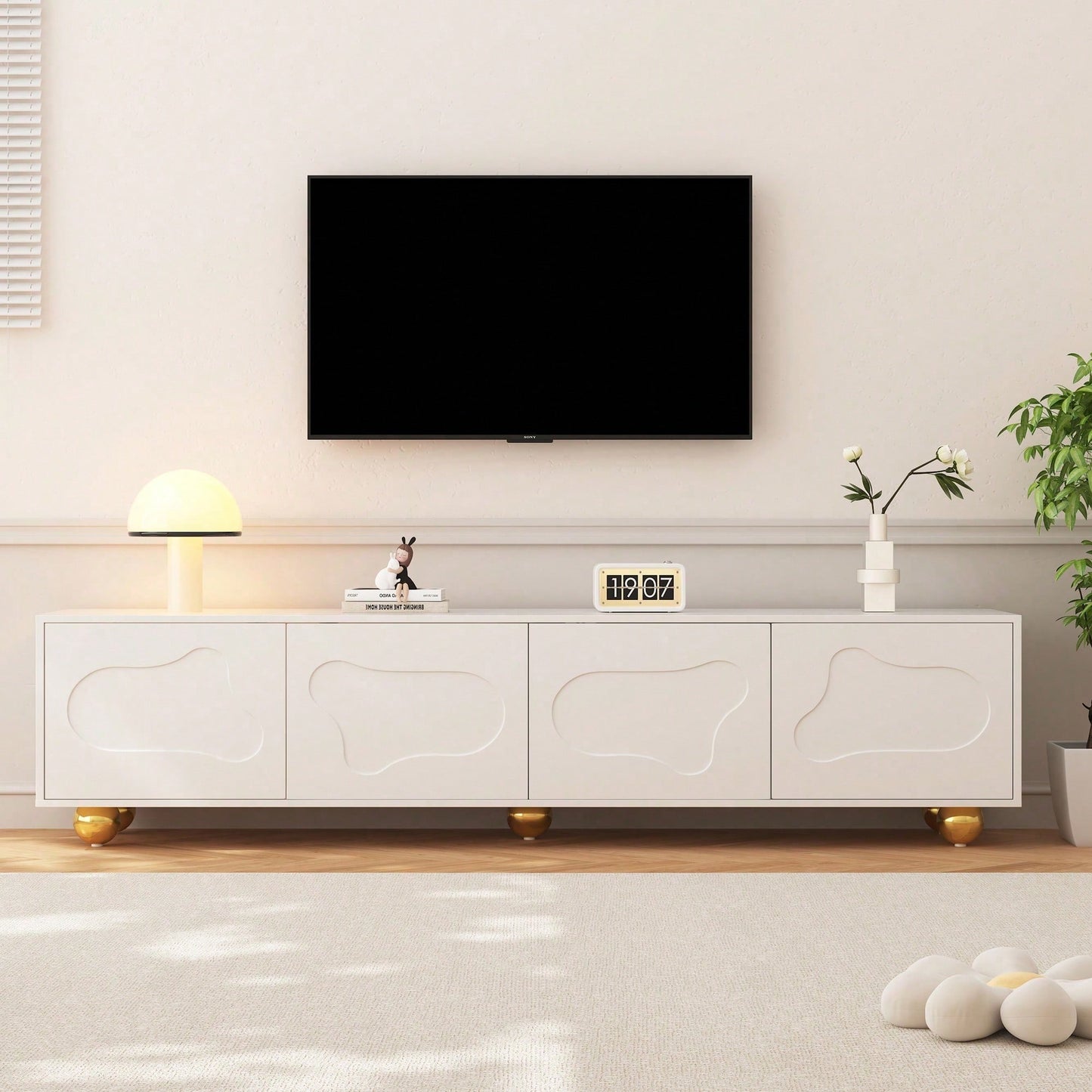 Cartoon-Fernsehschrank 180*40*45 cm in Wolkenform - Niedliches Lowboard mit 2 Schränken & 5 Beinen - TV-Entertainment-Center für bis zu 75-Zoll (60 kg Tragkraft)