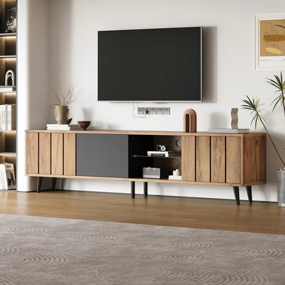 TV-Schrank Wohnzimmer 175x31.5x45cm | Massivholz Lowboard mit 3 Schubladen | Für bis zu 75-Zoll Fernseher | Modern in Holz & Schwarz