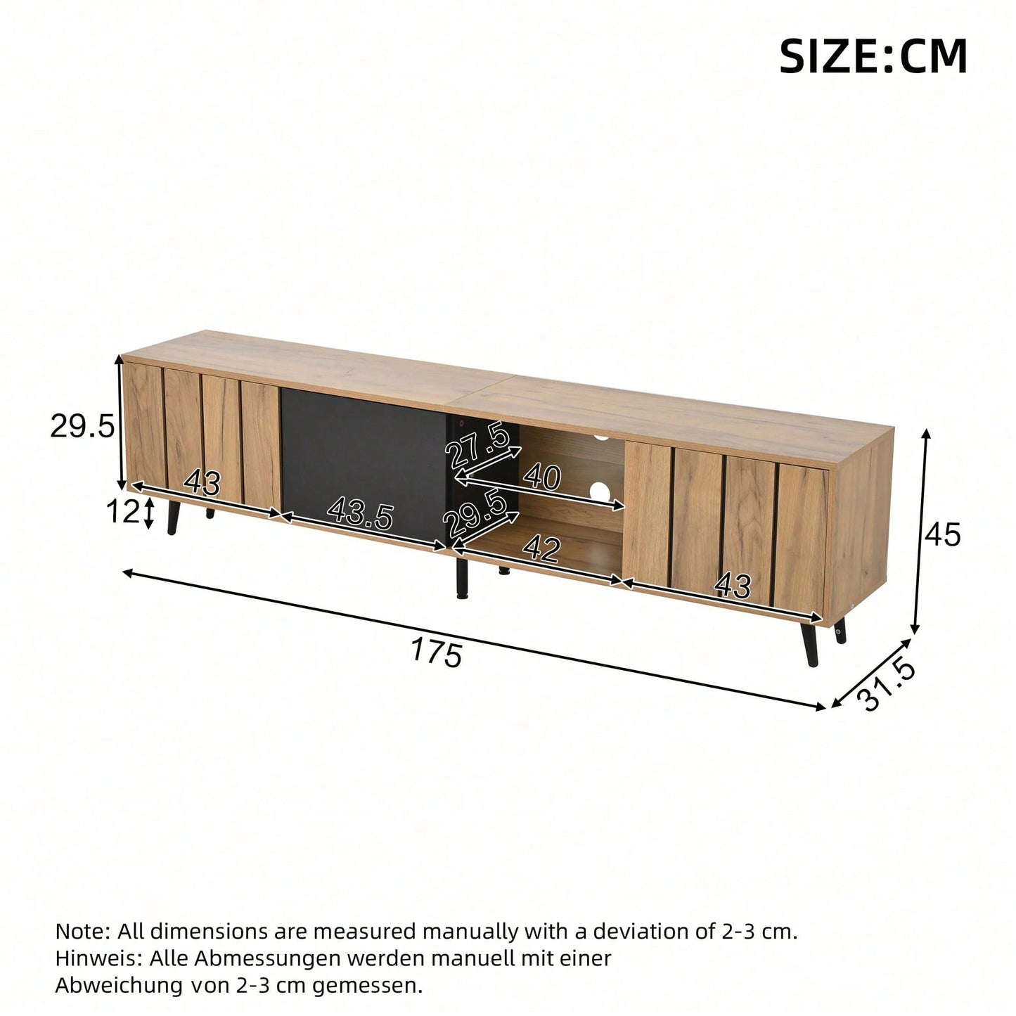 TV-Schrank Wohnzimmer 175x31.5x45cm | Massivholz Lowboard mit 3 Schubladen | Für bis zu 75-Zoll Fernseher | Modern in Holz & Schwarz