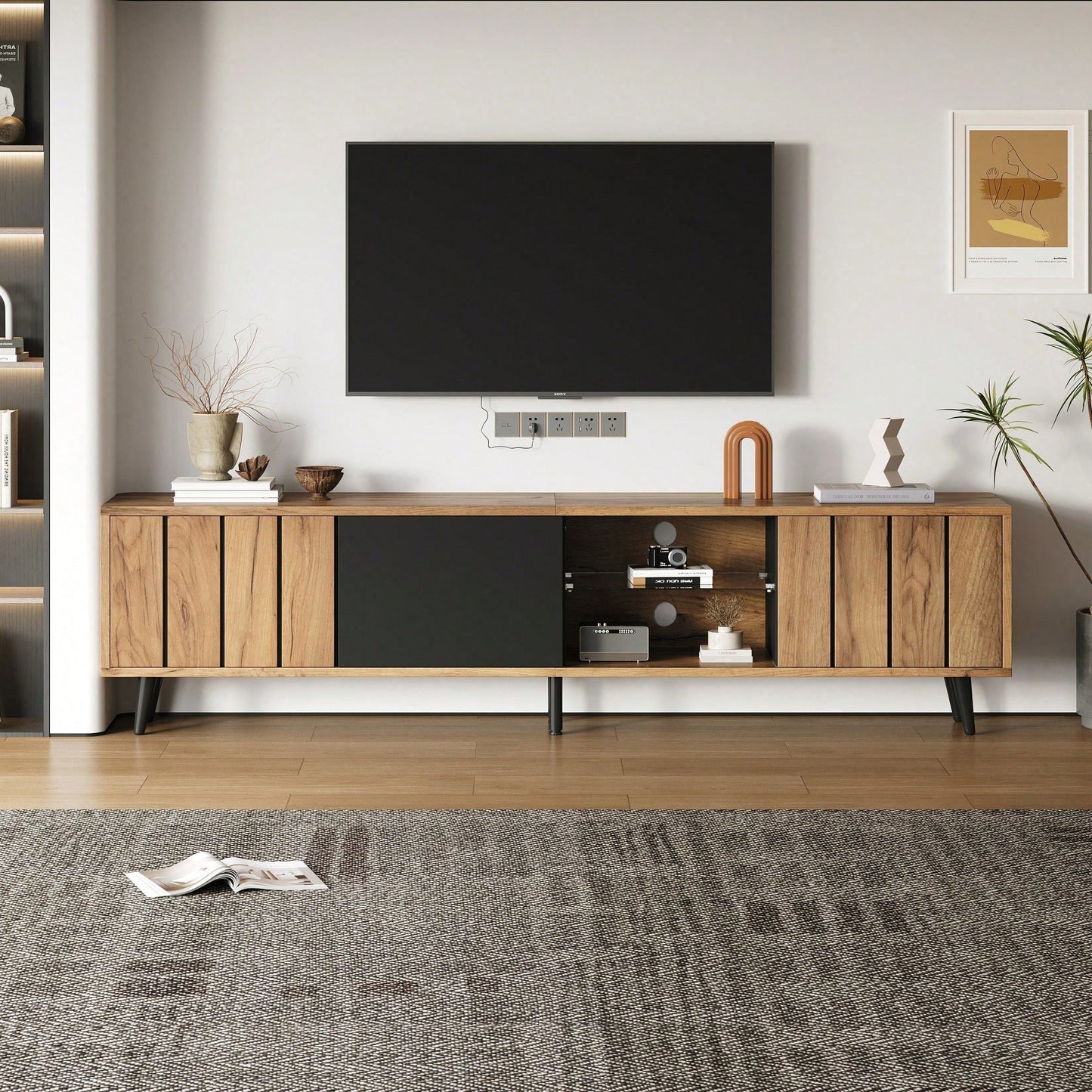 TV-Schrank Wohnzimmer 175x31.5x45cm | Massivholz Lowboard mit 3 Schubladen | Für bis zu 75-Zoll Fernseher | Modern in Holz & Schwarz