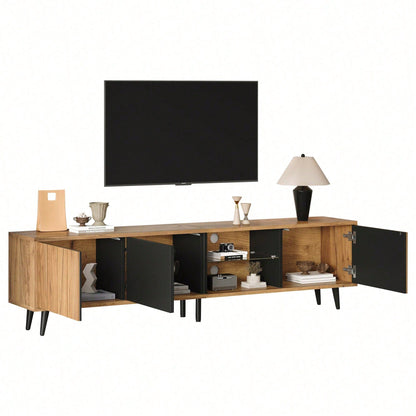 TV-Schrank Wohnzimmer 175x31.5x45cm | Massivholz Lowboard mit 3 Schubladen | Für bis zu 75-Zoll Fernseher | Modern in Holz & Schwarz