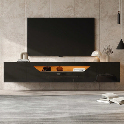 TV-Schrank 180x37x36 cm – Modernes Lowboard mit 3 Staufächern & schwebendem Hängeboard (Hochglanz) – Wandmontierbarer Fernsehtisch mit LED-Beleuchtung, passend für 75-Zoll-Fernseher (Schwarz + Naturholz-Optik)