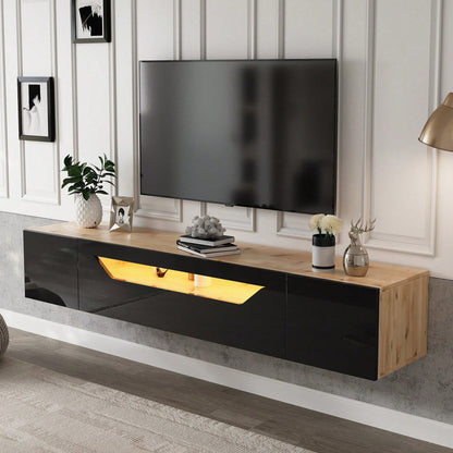 TV-Schrank 180x37x36 cm – Modernes Lowboard mit 3 Staufächern & schwebendem Hängeboard (Hochglanz) – Wandmontierbarer Fernsehtisch mit LED-Beleuchtung, passend für 75-Zoll-Fernseher (Schwarz + Naturholz-Optik)
