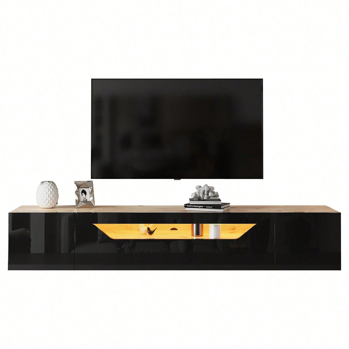 TV-Schrank 180x37x36 cm – Modernes Lowboard mit 3 Staufächern & schwebendem Hängeboard (Hochglanz) – Wandmontierbarer Fernsehtisch mit LED-Beleuchtung, passend für 75-Zoll-Fernseher (Schwarz + Naturholz-Optik)