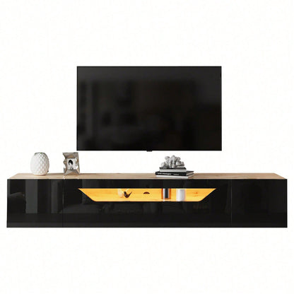 TV-Schrank 180x37x36 cm – Modernes Lowboard mit 3 Staufächern & schwebendem Hängeboard (Hochglanz) – Wandmontierbarer Fernsehtisch mit LED-Beleuchtung, passend für 75-Zoll-Fernseher (Schwarz + Naturholz-Optik)