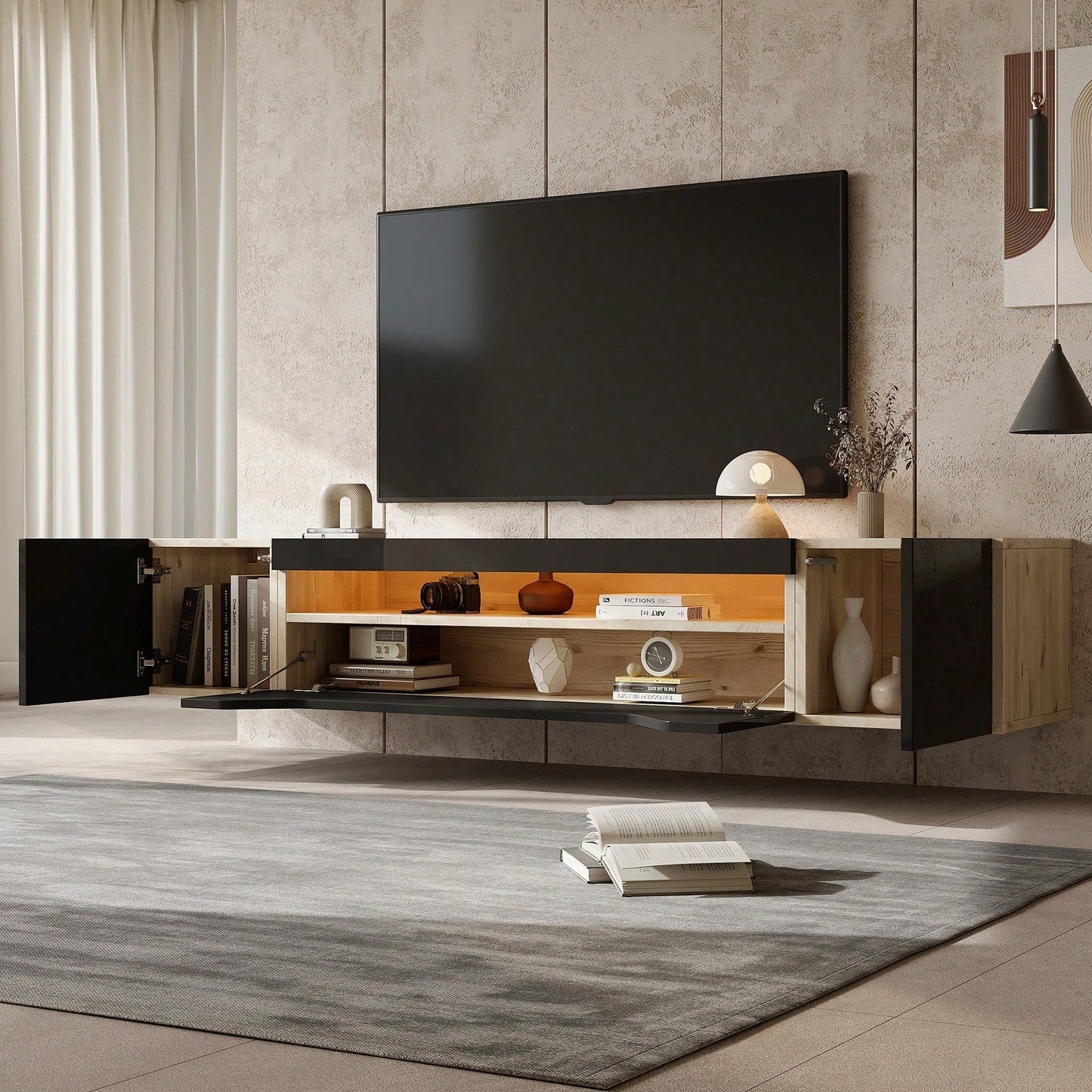 TV-Schrank 180x37x36 cm – Modernes Lowboard mit 3 Staufächern & schwebendem Hängeboard (Hochglanz) – Wandmontierbarer Fernsehtisch mit LED-Beleuchtung, passend für 75-Zoll-Fernseher (Schwarz + Naturholz-Optik)