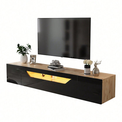 TV-Schrank 180x37x36 cm – Modernes Lowboard mit 3 Staufächern & schwebendem Hängeboard (Hochglanz) – Wandmontierbarer Fernsehtisch mit LED-Beleuchtung, passend für 75-Zoll-Fernseher (Schwarz + Naturholz-Optik)