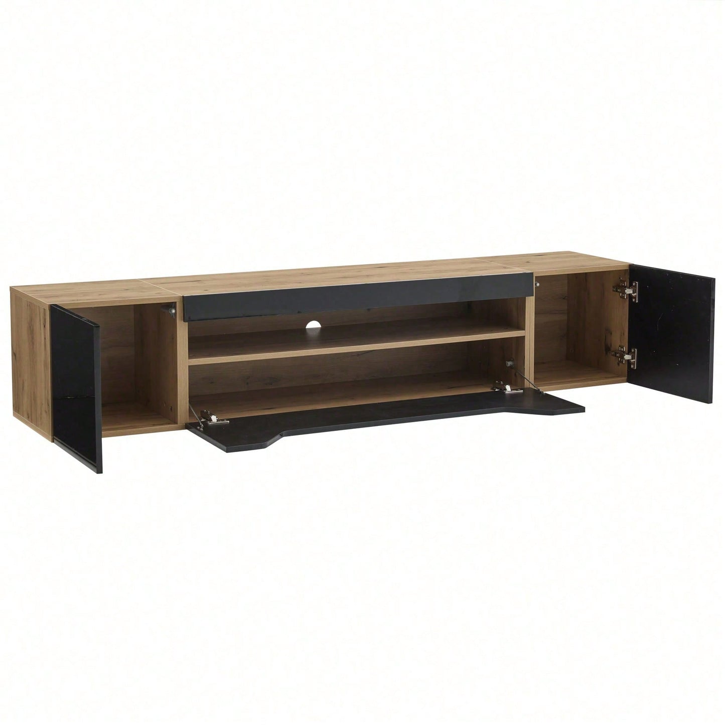 TV-Schrank 180x37x36 cm – Modernes Lowboard mit 3 Staufächern & schwebendem Hängeboard (Hochglanz) – Wandmontierbarer Fernsehtisch mit LED-Beleuchtung, passend für 75-Zoll-Fernseher (Schwarz + Naturholz-Optik)