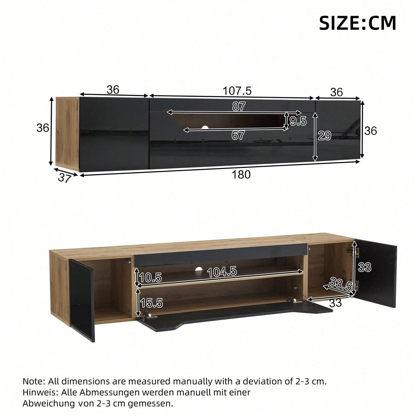 TV-Schrank 180x37x36 cm – Modernes Lowboard mit 3 Staufächern & schwebendem Hängeboard (Hochglanz) – Wandmontierbarer Fernsehtisch mit LED-Beleuchtung, passend für 75-Zoll-Fernseher (Schwarz + Naturholz-Optik)