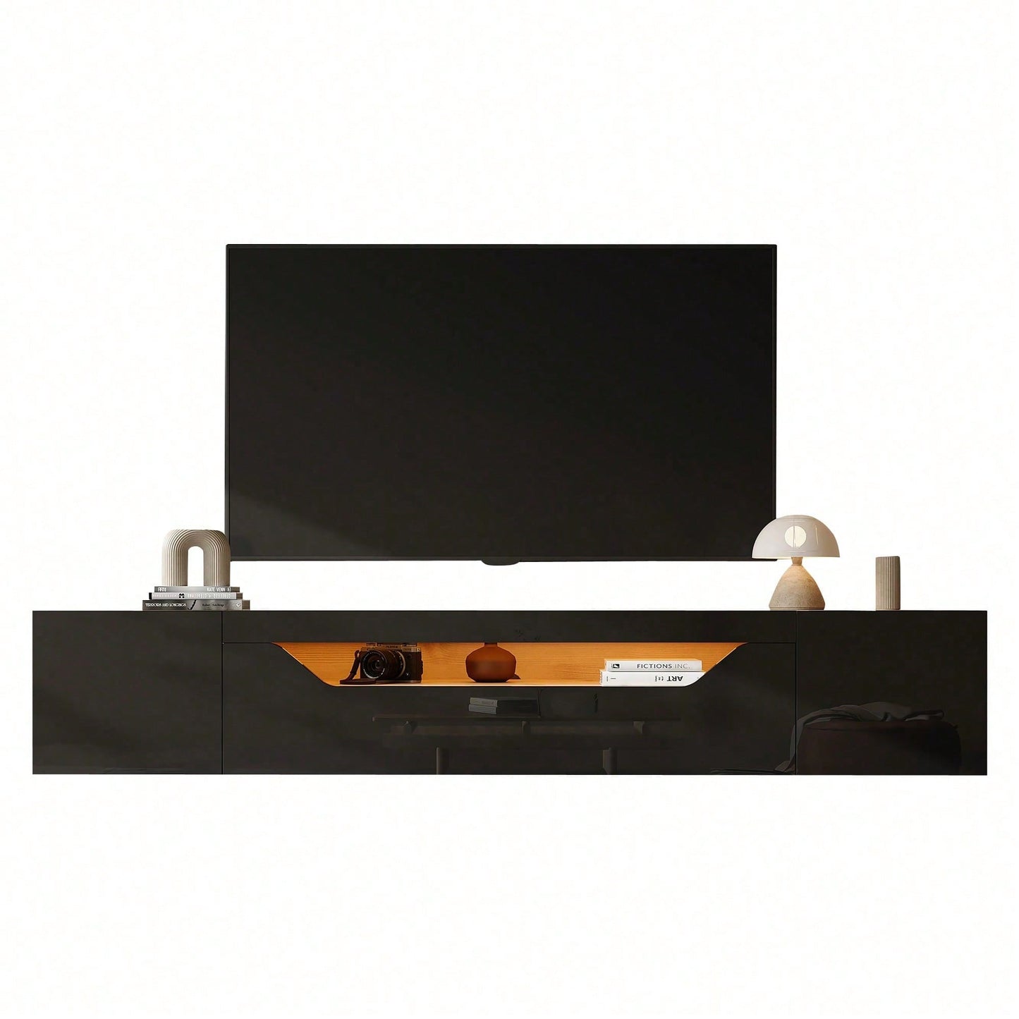 TV-Schrank 180x37x36 cm – Modernes Lowboard mit 3 Staufächern & schwebendem Hängeboard (Hochglanz) – Wandmontierbarer Fernsehtisch mit LED-Beleuchtung, passend für 75-Zoll-Fernseher (Schwarz + Naturholz-Optik)