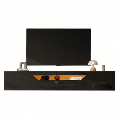 TV-Schrank 180x37x36 cm – Modernes Lowboard mit 3 Staufächern & schwebendem Hängeboard (Hochglanz) – Wandmontierbarer Fernsehtisch mit LED-Beleuchtung, passend für 75-Zoll-Fernseher (Schwarz + Naturholz-Optik)