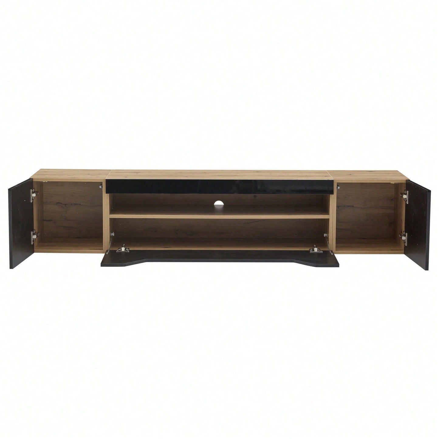 TV-Schrank 180x37x36 cm – Modernes Lowboard mit 3 Staufächern & schwebendem Hängeboard (Hochglanz) – Wandmontierbarer Fernsehtisch mit LED-Beleuchtung, passend für 75-Zoll-Fernseher (Schwarz + Naturholz-Optik)