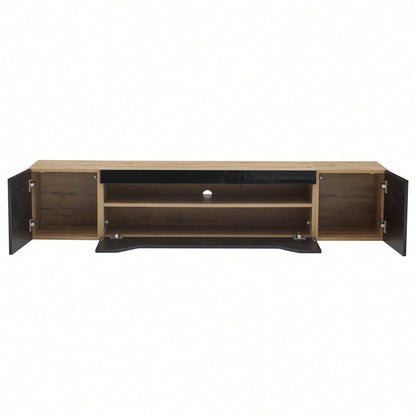 TV-Schrank 180x37x36 cm – Modernes Lowboard mit 3 Staufächern & schwebendem Hängeboard (Hochglanz) – Wandmontierbarer Fernsehtisch mit LED-Beleuchtung, passend für 75-Zoll-Fernseher (Schwarz + Naturholz-Optik)