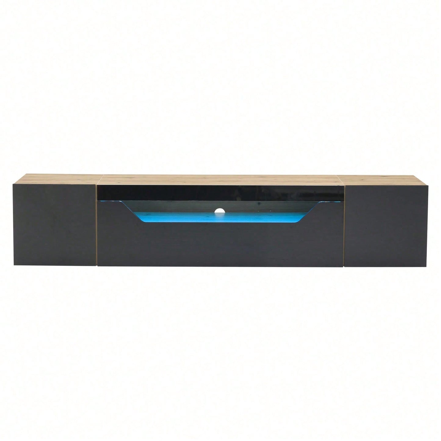 TV-Schrank 180x37x36 cm – Modernes Lowboard mit 3 Staufächern & schwebendem Hängeboard (Hochglanz) – Wandmontierbarer Fernsehtisch mit LED-Beleuchtung, passend für 75-Zoll-Fernseher (Schwarz + Naturholz-Optik)