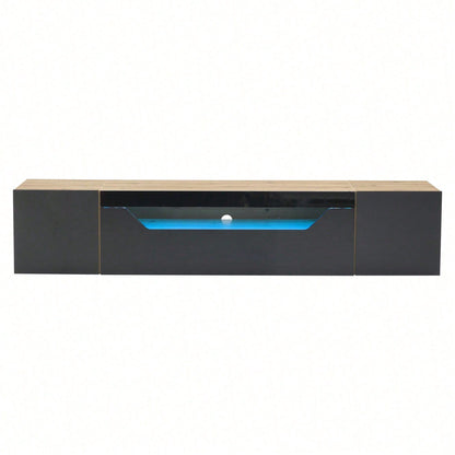 TV-Schrank 180x37x36 cm – Modernes Lowboard mit 3 Staufächern & schwebendem Hängeboard (Hochglanz) – Wandmontierbarer Fernsehtisch mit LED-Beleuchtung, passend für 75-Zoll-Fernseher (Schwarz + Naturholz-Optik)