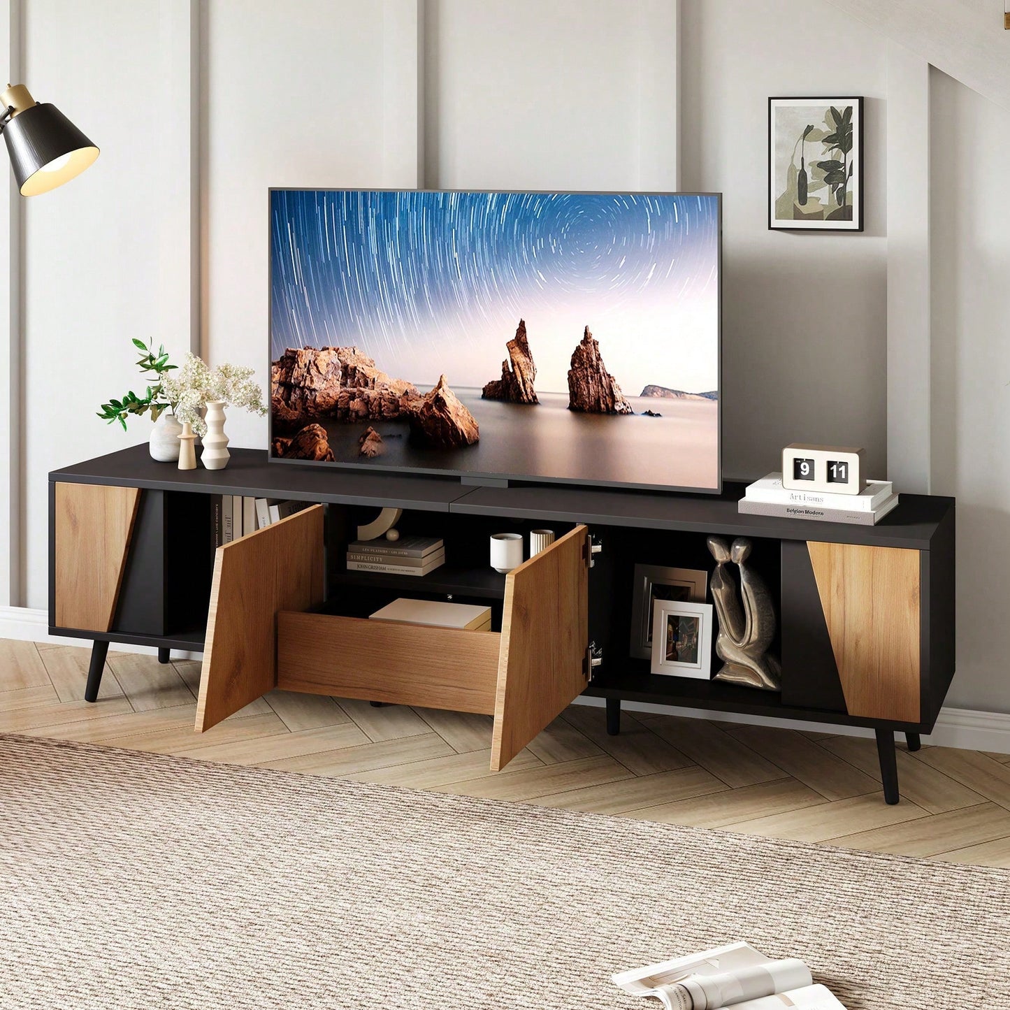TV-Lowboard 180x40x46 cm – Moderner TV-Schrank mit 2 Schubladen & Schränken – Massivholz-Konsole mit 6 Stützbeinen, minimalistisches Design für 75-Zoll-Fernseher (Wohnzimmer-Möbel)
