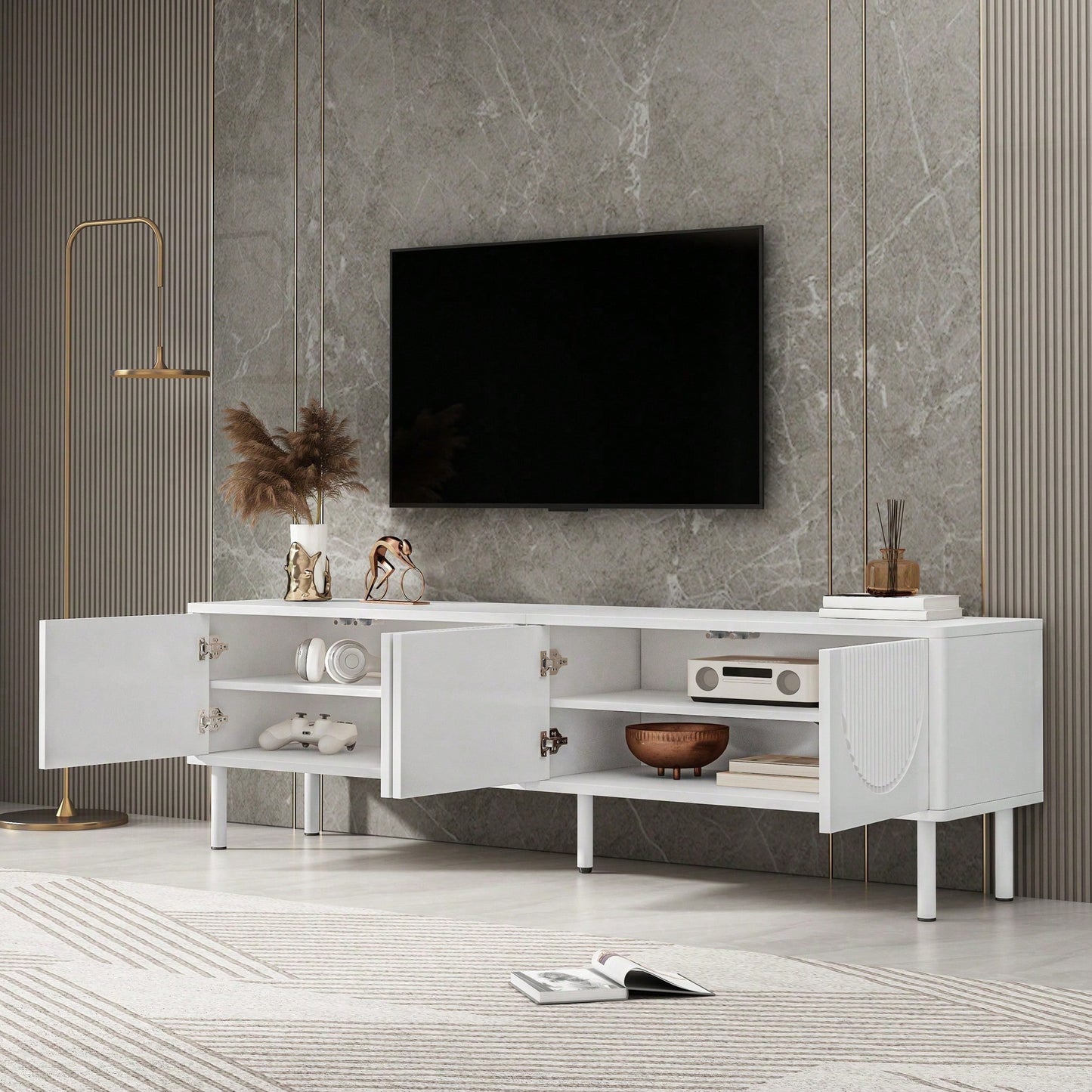 TV-Lowboard 180 cm Breite mit Stauraum - Modernes Medienboard in minimalistischem Design mit matter Oberfläche & integriertem Kabelmanagement - Für Wohnzimmer, Schlafzimmer oder Flur (Hochwertige TV-Konsole)
