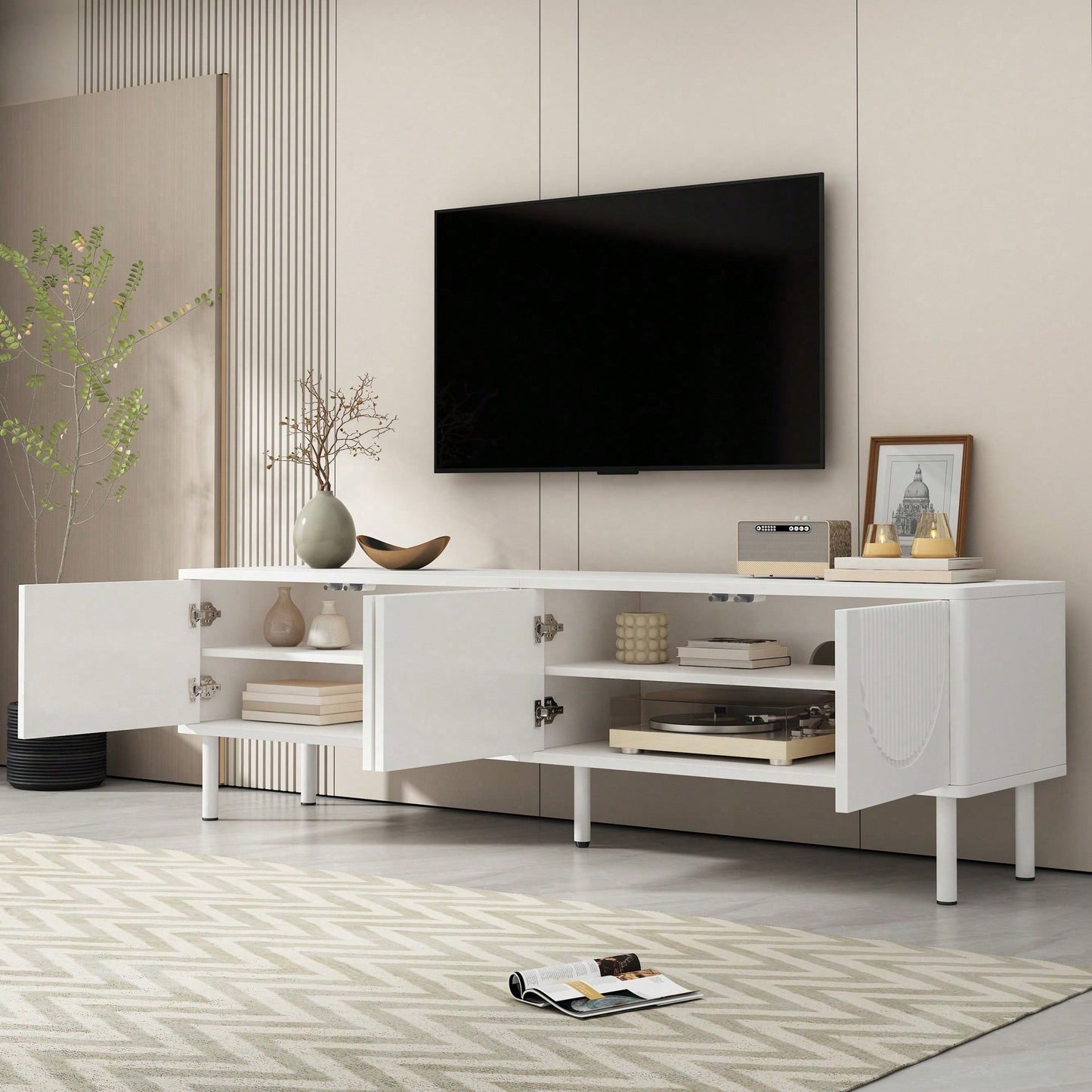 TV-Lowboard 180 cm Breite mit Stauraum - Modernes Medienboard in minimalistischem Design mit matter Oberfläche & integriertem Kabelmanagement - Für Wohnzimmer, Schlafzimmer oder Flur (Hochwertige TV-Konsole)